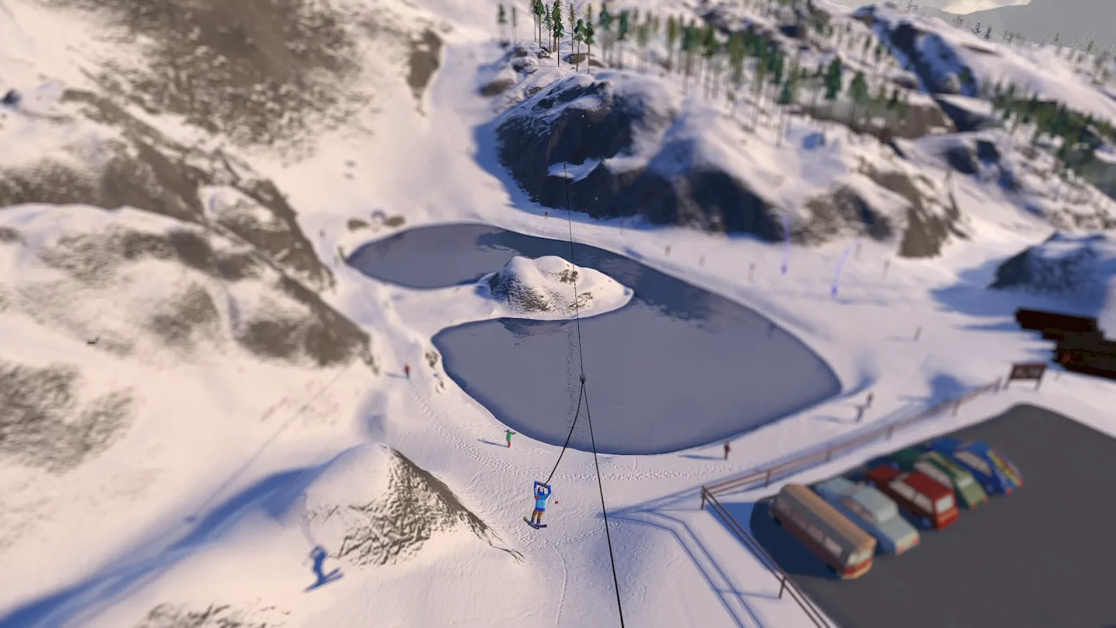 Vista aérea de uma estância de neve em Grand Mountain Adventure 2, com lagos gelados e um esquiador a descer a encosta