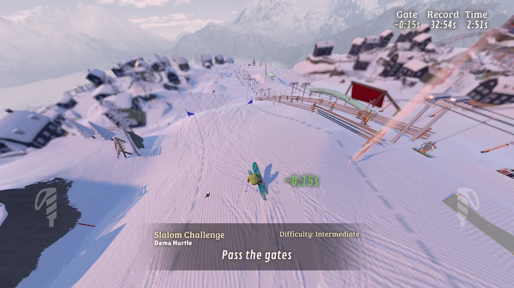 Pista preparada de uma estância de neve em Grand Mountain Adventure 2, com a aldeia ao fundo