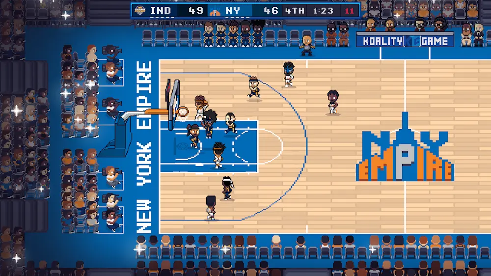 Captura do jogo Hoop Land com um campo de basquetebol em pixel art